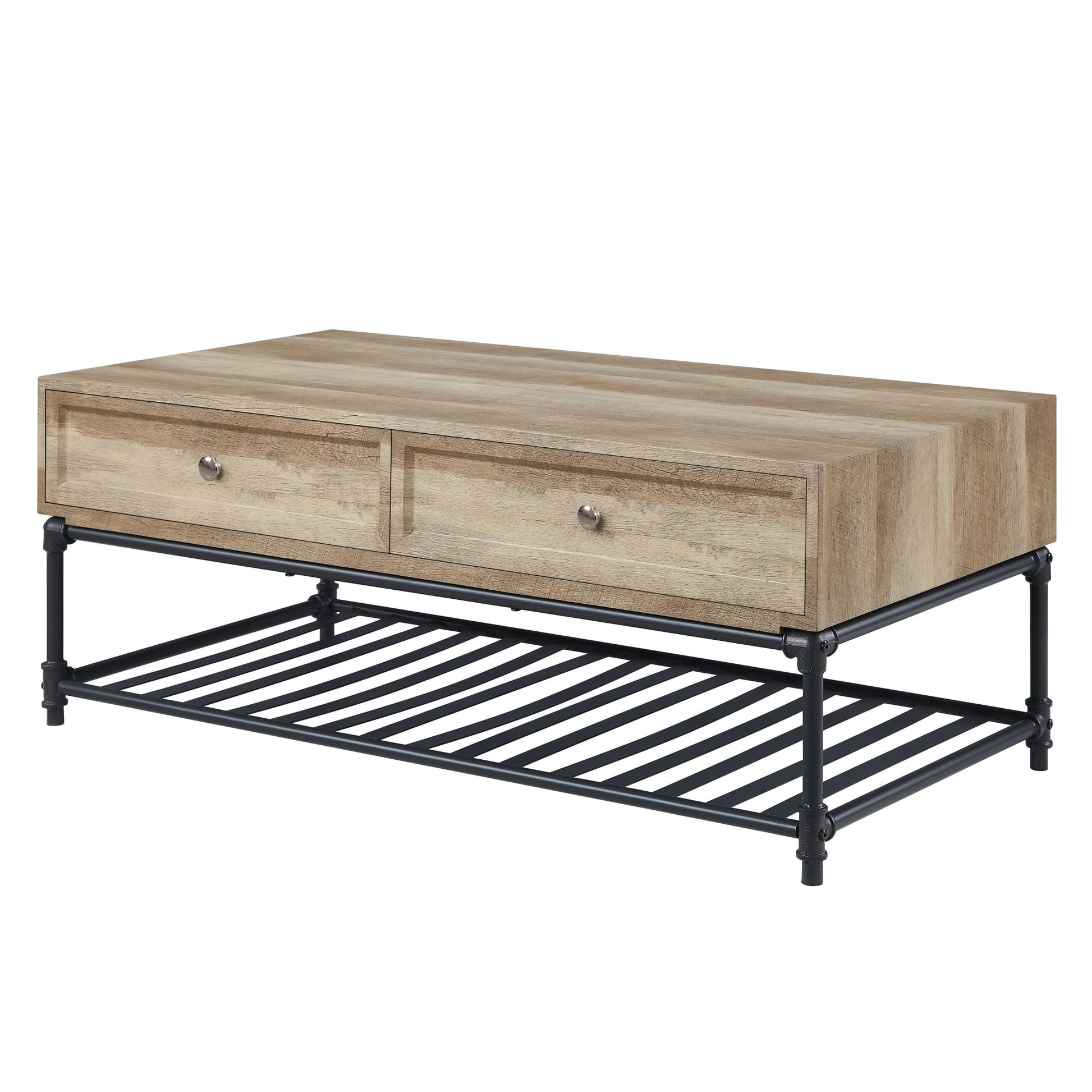 47" Sandy Black And Oak Paper Veneer And Metal Rectangular Coffee Table With Two Drawers And Shelf By Homeroots | Coffee Tables | Modishstore