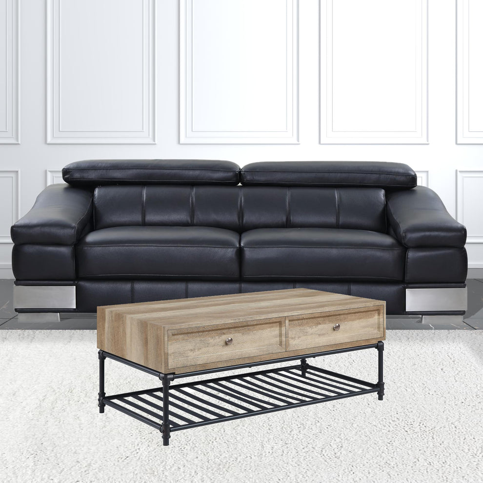 47" Sandy Black And Oak Paper Veneer And Metal Rectangular Coffee Table With Two Drawers And Shelf By Homeroots | Coffee Tables | Modishstore - 3