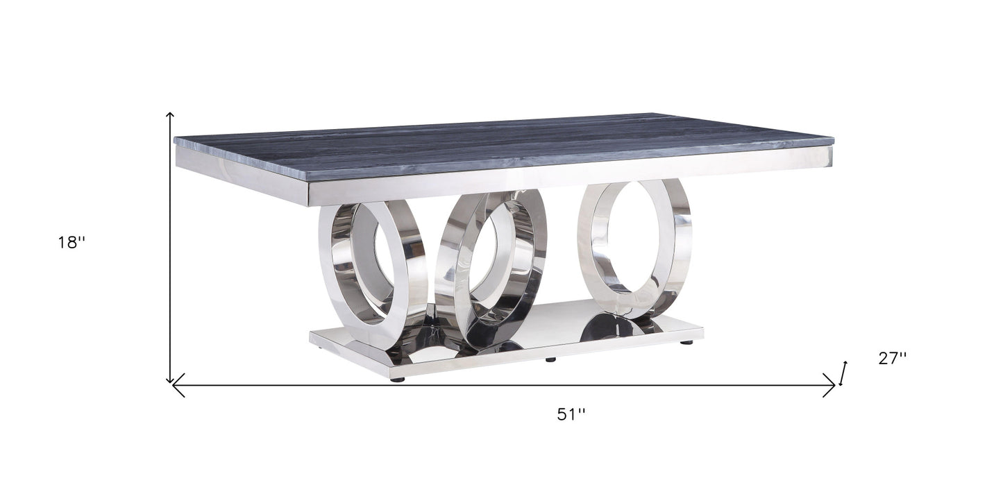 51" Mirrored Silver And Gray Printed Faux Marble Artificial Marble And Stainless Steel Rectangular Mirrored Coffee Table By Homeroots