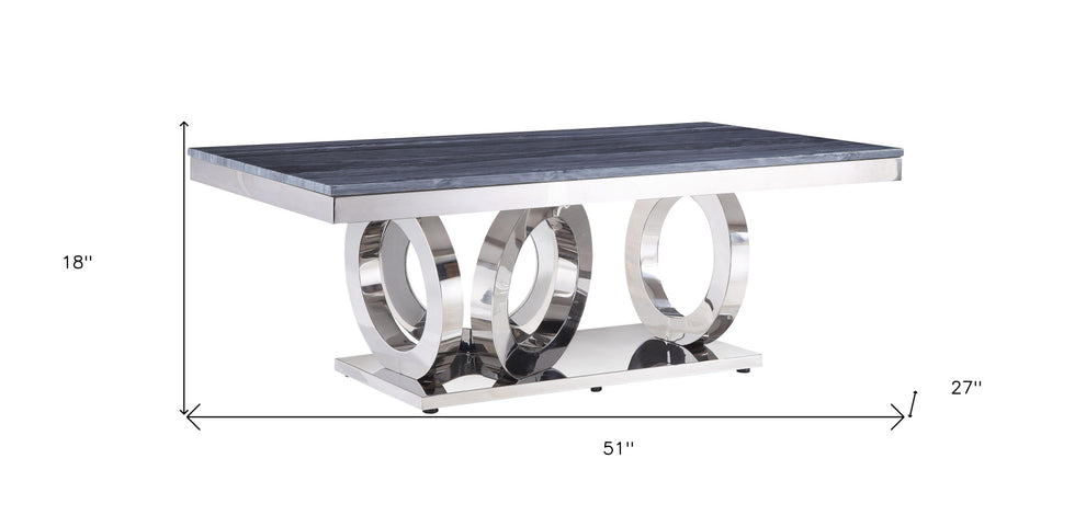 51" Mirrored Silver And Gray Printed Faux Marble Artificial Marble And Stainless Steel Rectangular Mirrored Coffee Table By Homeroots | Coffee Tables | Modishstore - 6