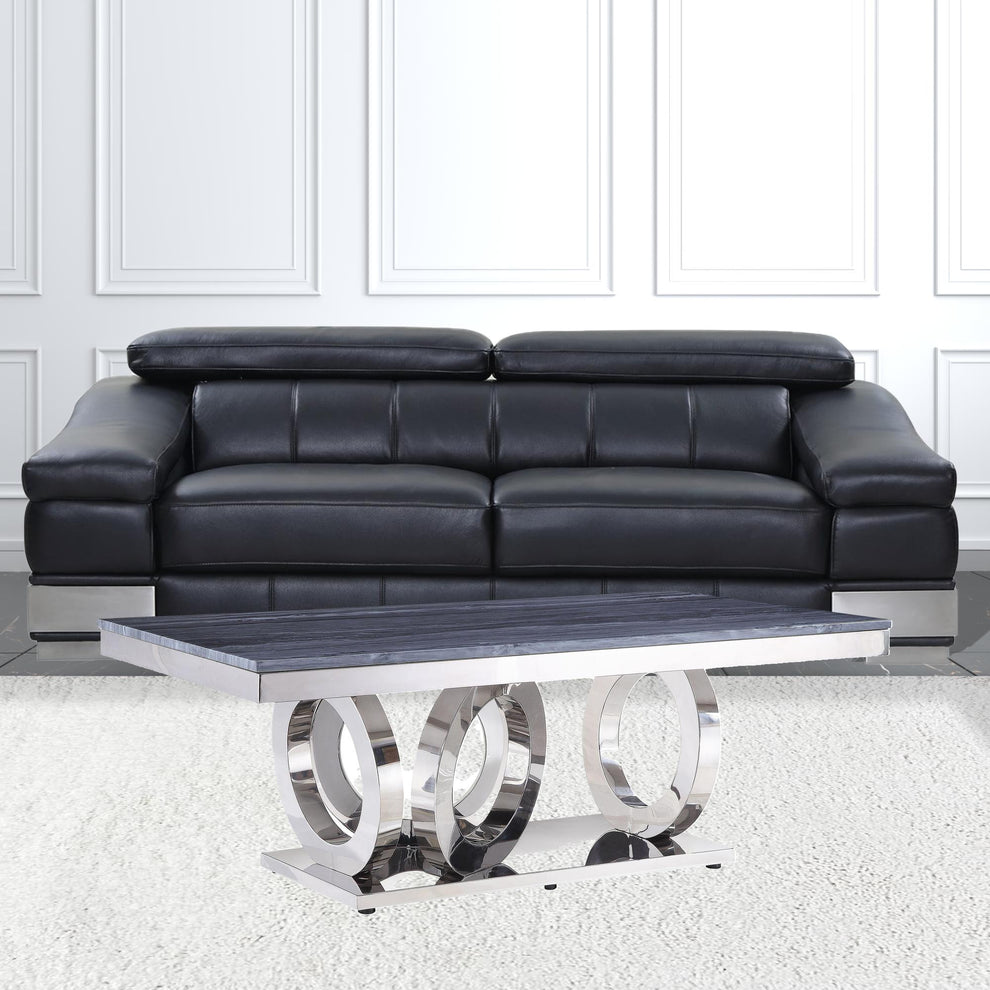 51" Mirrored Silver And Gray Printed Faux Marble Artificial Marble And Stainless Steel Rectangular Mirrored Coffee Table By Homeroots | Coffee Tables | Modishstore - 3