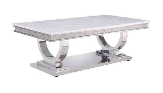 51" Silver And White Artificial Marble Rectangular Mirrored Coffee Table By Homeroots