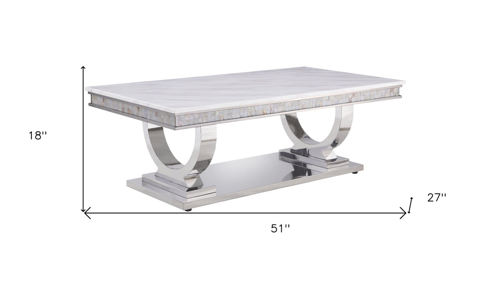 51" Silver And White Artificial Marble Rectangular Mirrored Coffee Table By Homeroots | Coffee Tables | Modishstore - 5