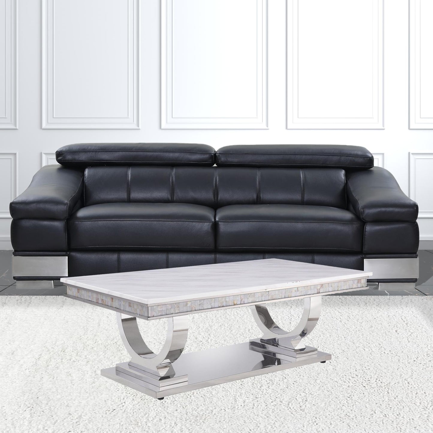 51" Silver And White Artificial Marble Rectangular Mirrored Coffee Table By Homeroots | Coffee Tables | Modishstore - 2