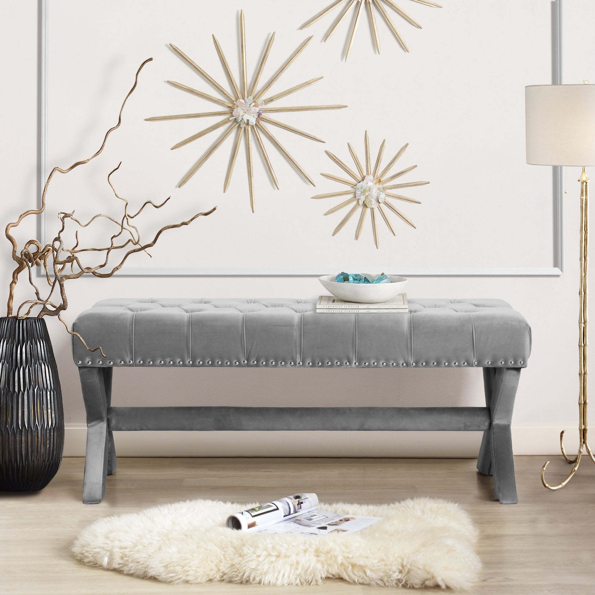 45" Gray Upholstered Velvet Bench By Homeroots | Benches | Modishstore