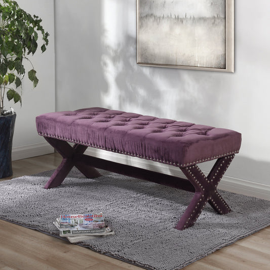 45" Plum And Purple Upholstered Velvet Bench By Homeroots