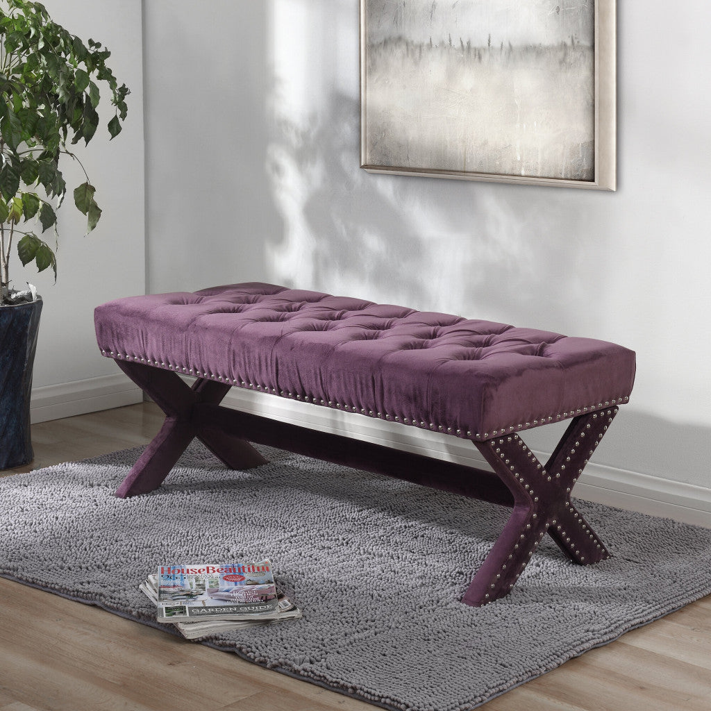 45" Plum And Purple Upholstered Velvet Bench By Homeroots | Benches | Modishstore