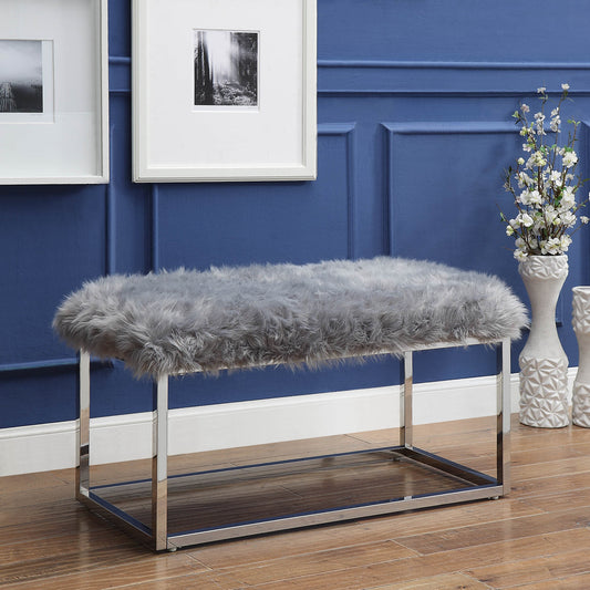 40" Gray And Silver Upholstered Faux Fur Bench By Homeroots
