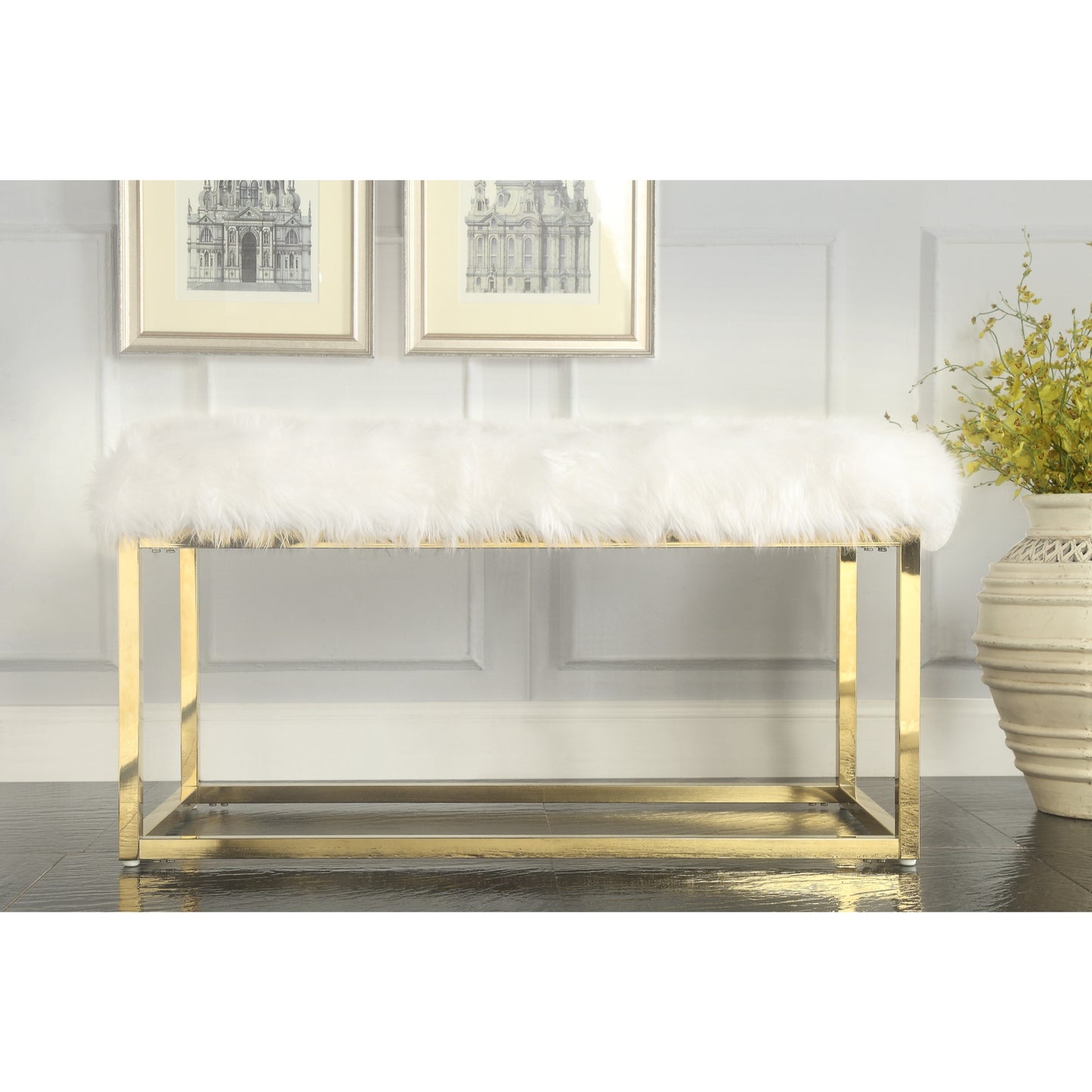 40" White And Gold Upholstered Faux Fur Bench By Homeroots | Benches | Modishstore