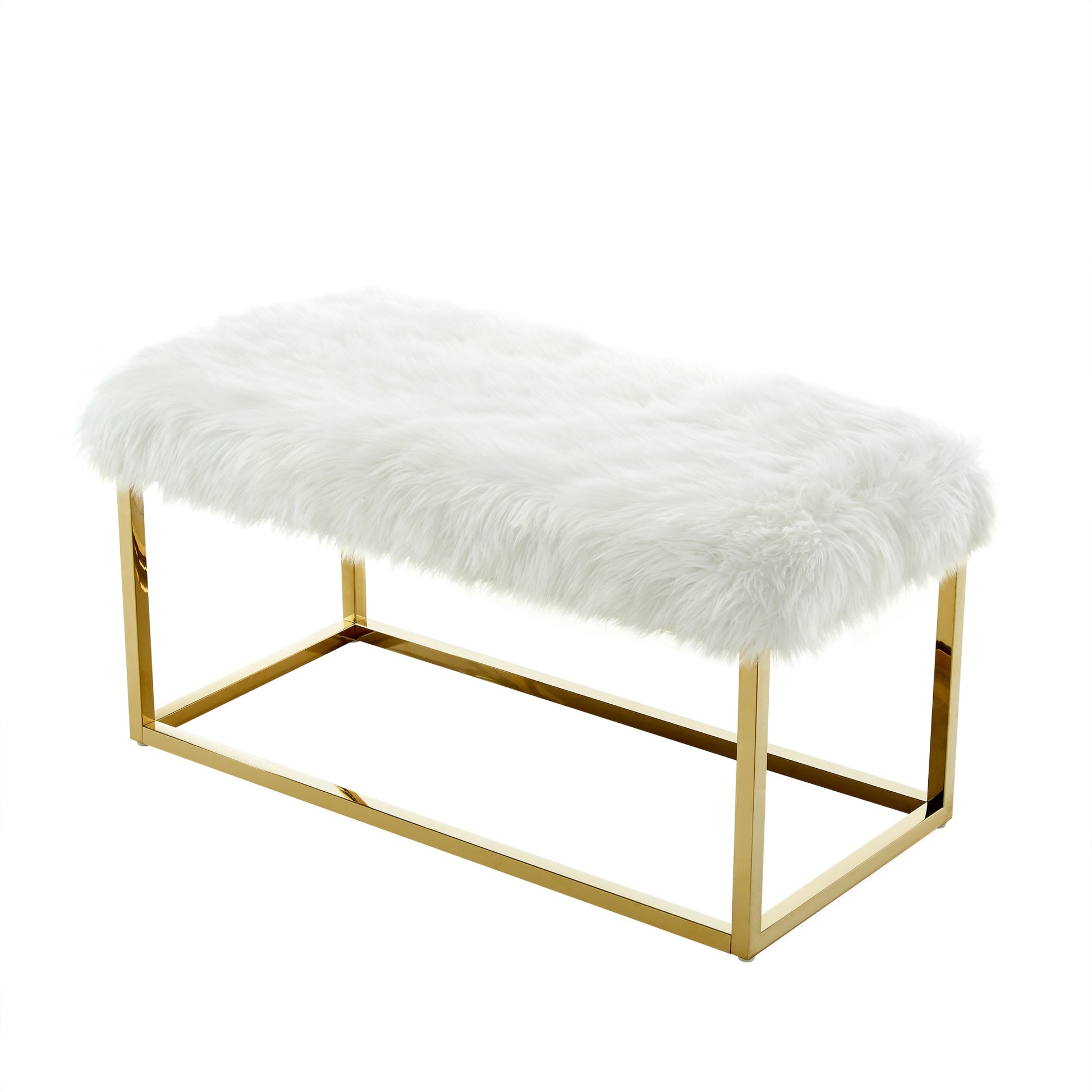 40" White And Gold Upholstered Faux Fur Bench By Homeroots | Benches | Modishstore - 4