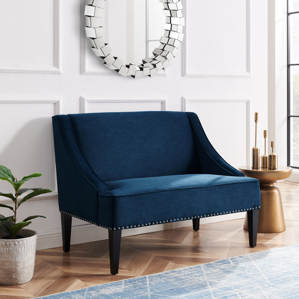 45" Navy Blue And Brown Upholstered Velvet Bench By Homeroots | Benches | Modishstore - 8