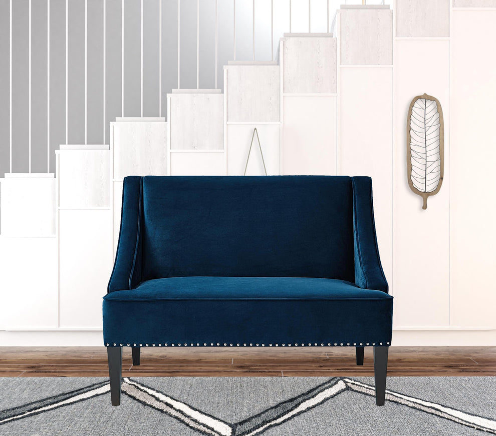 45" Navy Blue And Brown Upholstered Velvet Bench By Homeroots | Benches | Modishstore - 5