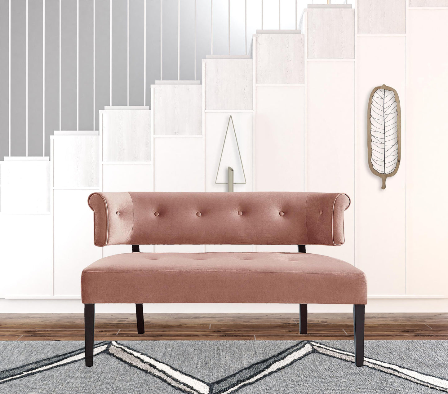 48" Blush And Brown Upholstered Velvet Bench By Homeroots | Benches | Modishstore - 5