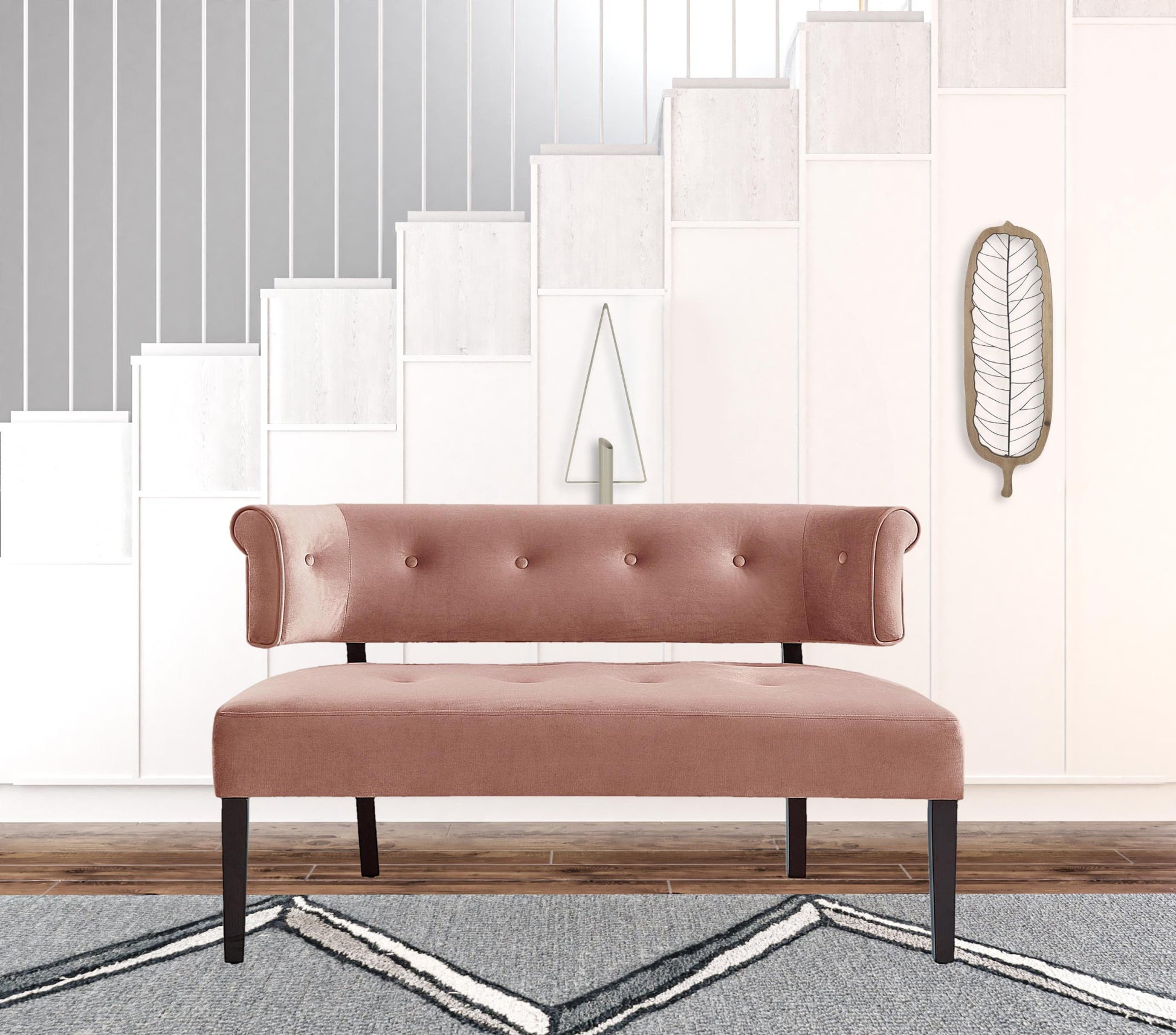 48" Blush And Brown Upholstered Velvet Bench By Homeroots | Benches | Modishstore - 5