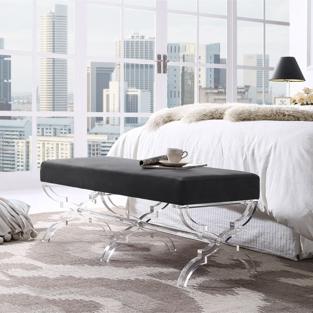 48" Black And Clear Upholstered Velvet Bench By Homeroots | Benches | Modishstore - 8