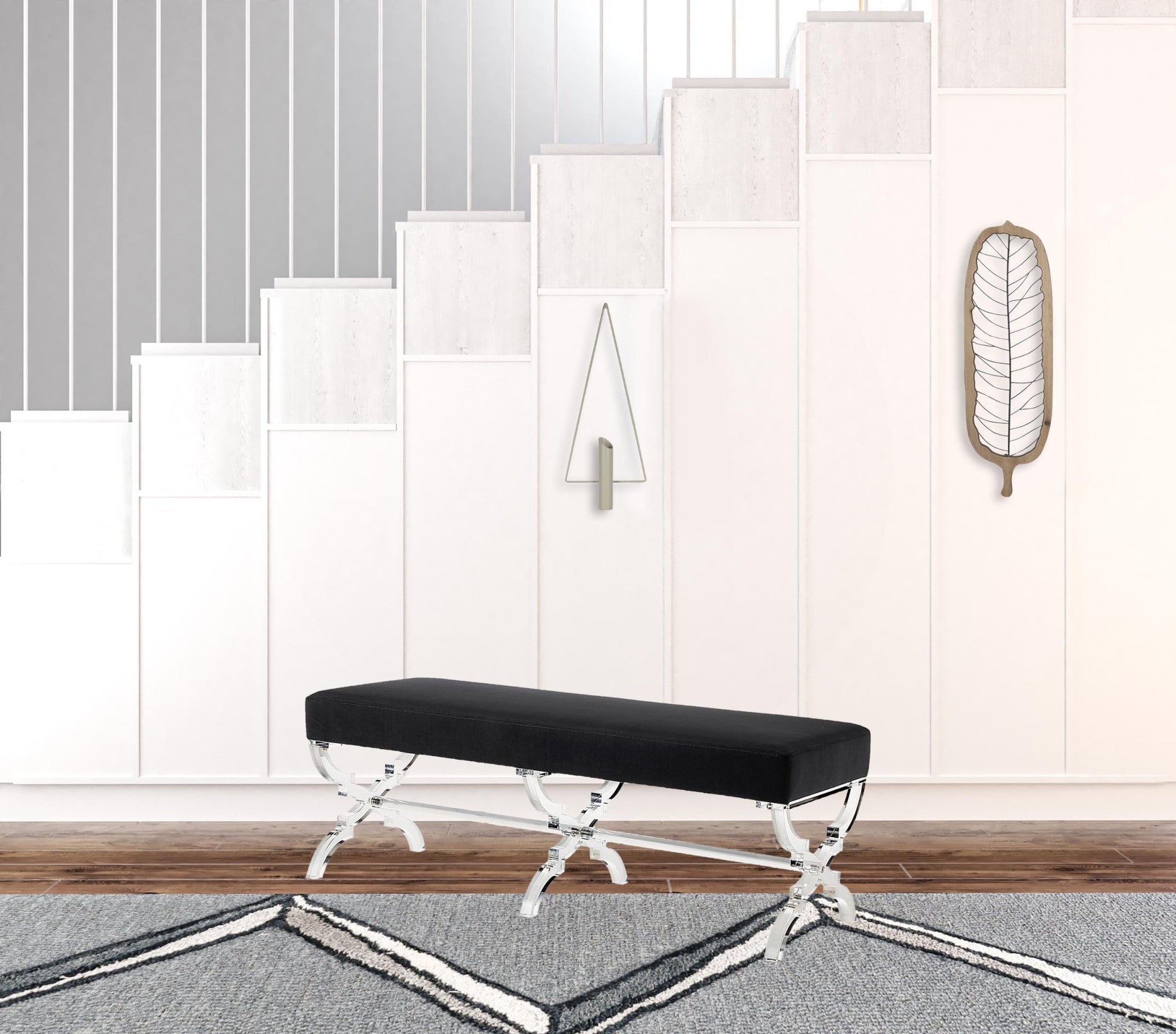 48" Black And Clear Upholstered Velvet Bench By Homeroots | Benches | Modishstore - 5