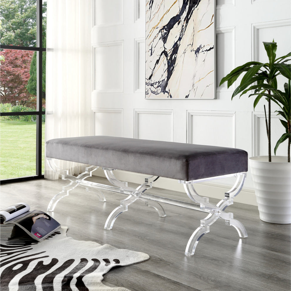 48" Gray And Clear Upholstered Velvet Bench By Homeroots | Benches | Modishstore - 8