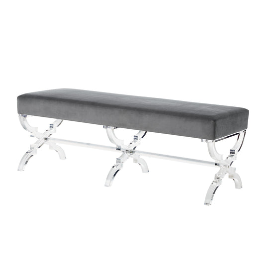 48" Gray And Clear Upholstered Velvet Bench By Homeroots