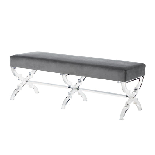 48" Gray And Clear Upholstered Velvet Bench By Homeroots | Benches | Modishstore