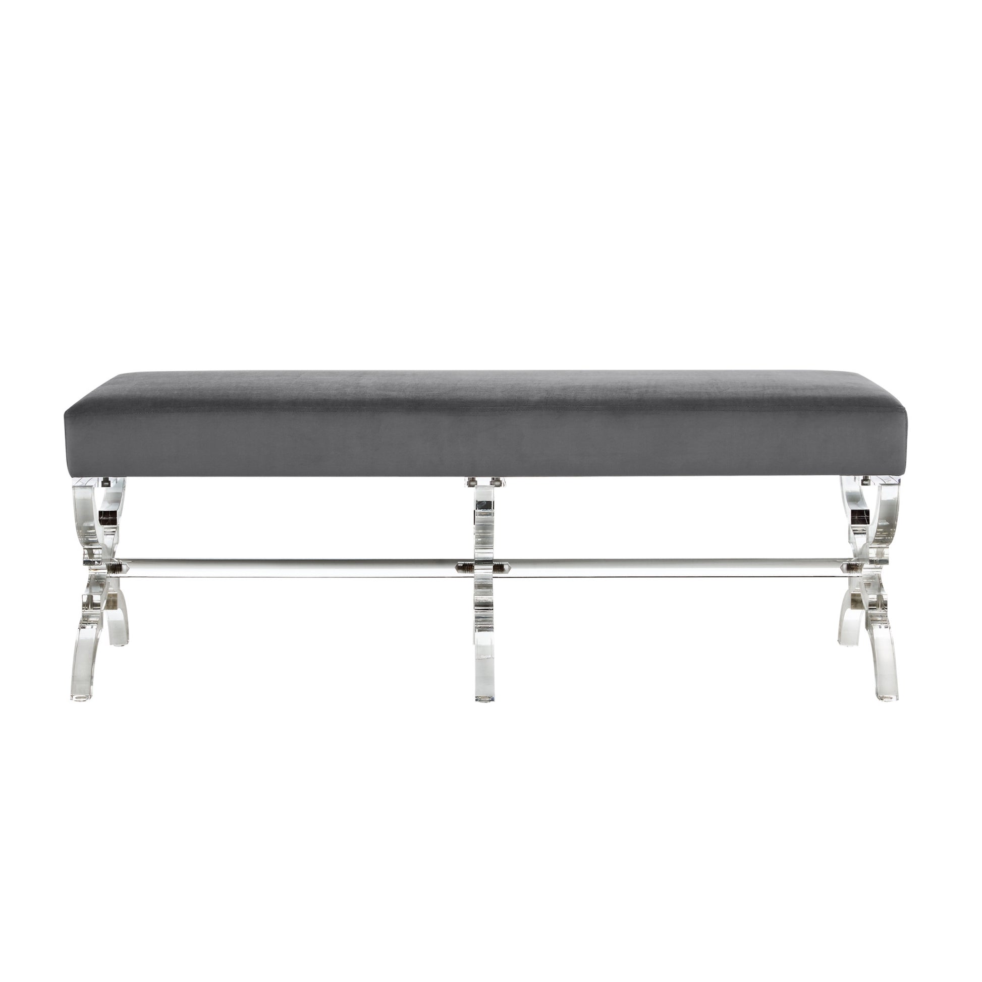 48" Gray And Clear Upholstered Velvet Bench By Homeroots | Benches | Modishstore - 2