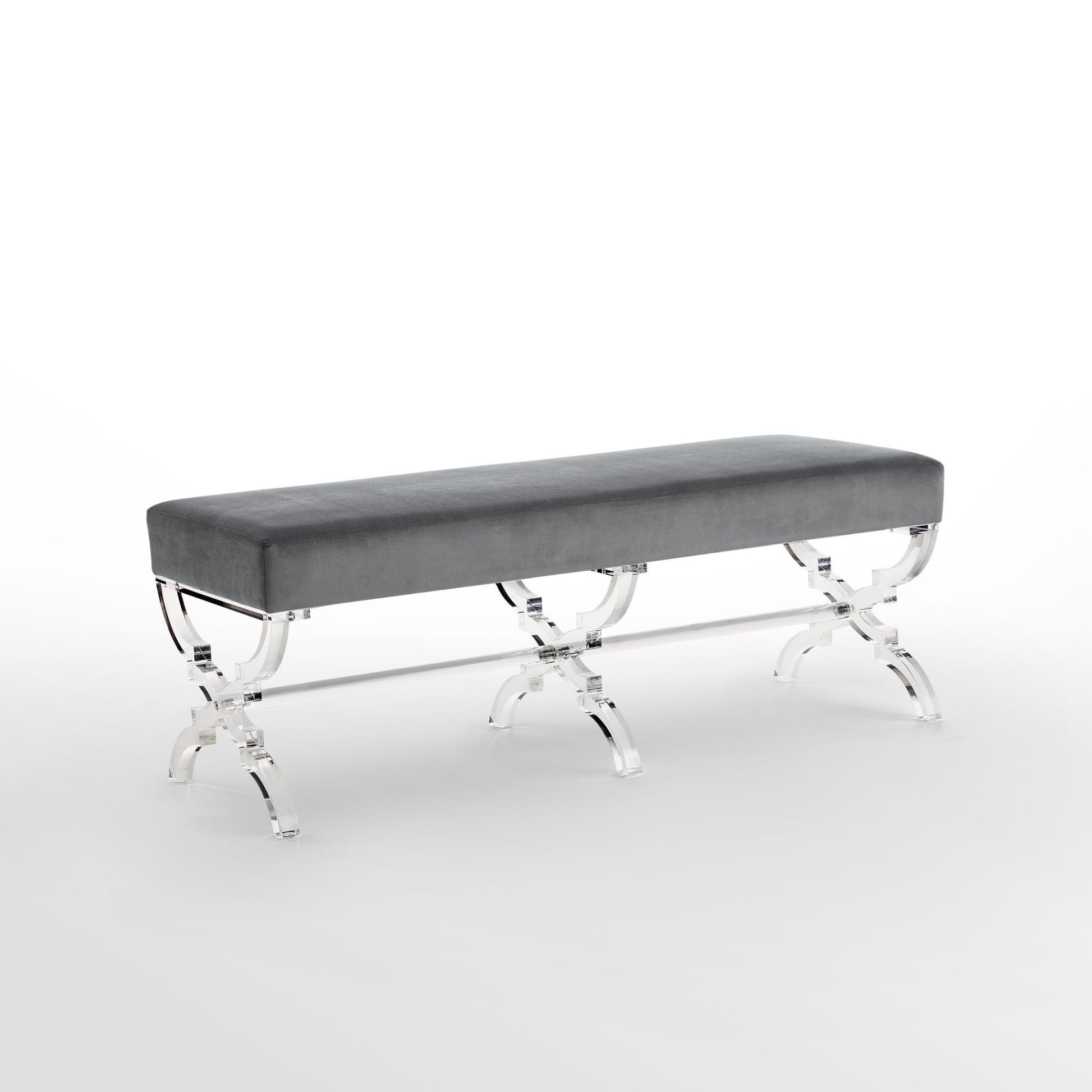 48" Gray And Clear Upholstered Velvet Bench By Homeroots | Benches | Modishstore - 3
