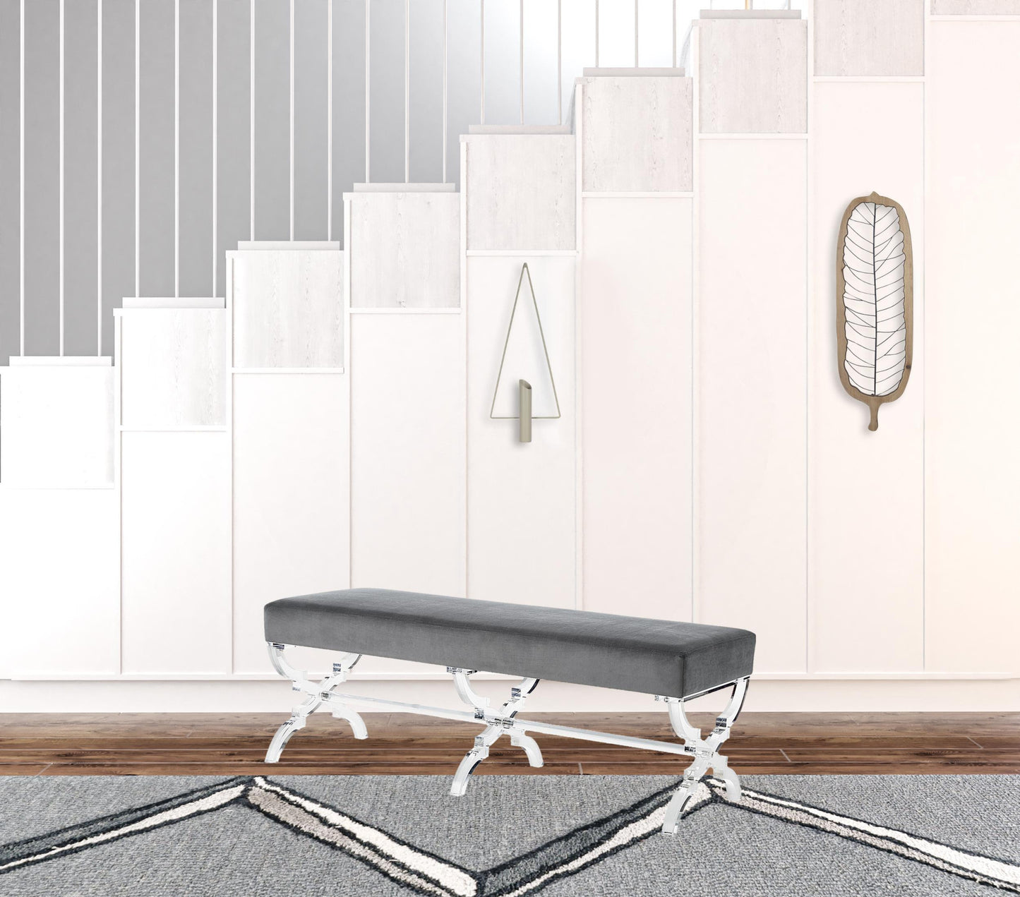 48" Gray And Clear Upholstered Velvet Bench By Homeroots | Benches | Modishstore - 5