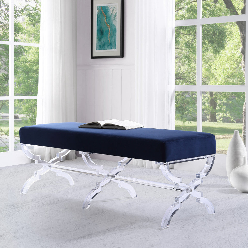 48" Navy Blue And Clear Upholstered Velvet Bench By Homeroots | Benches | Modishstore - 8