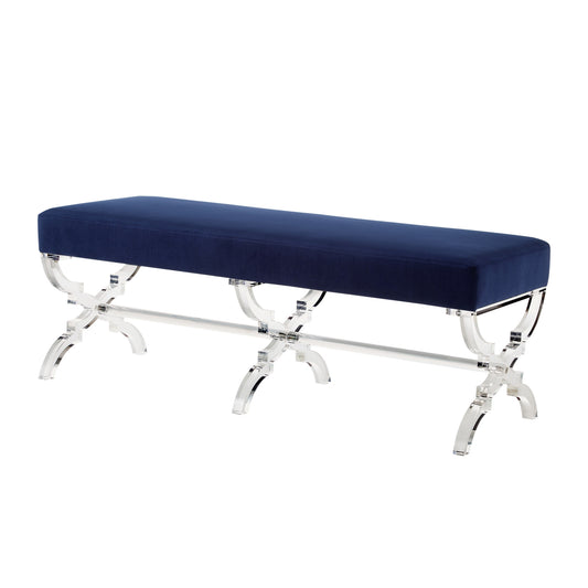 48" Navy Blue And Clear Upholstered Velvet Bench By Homeroots
