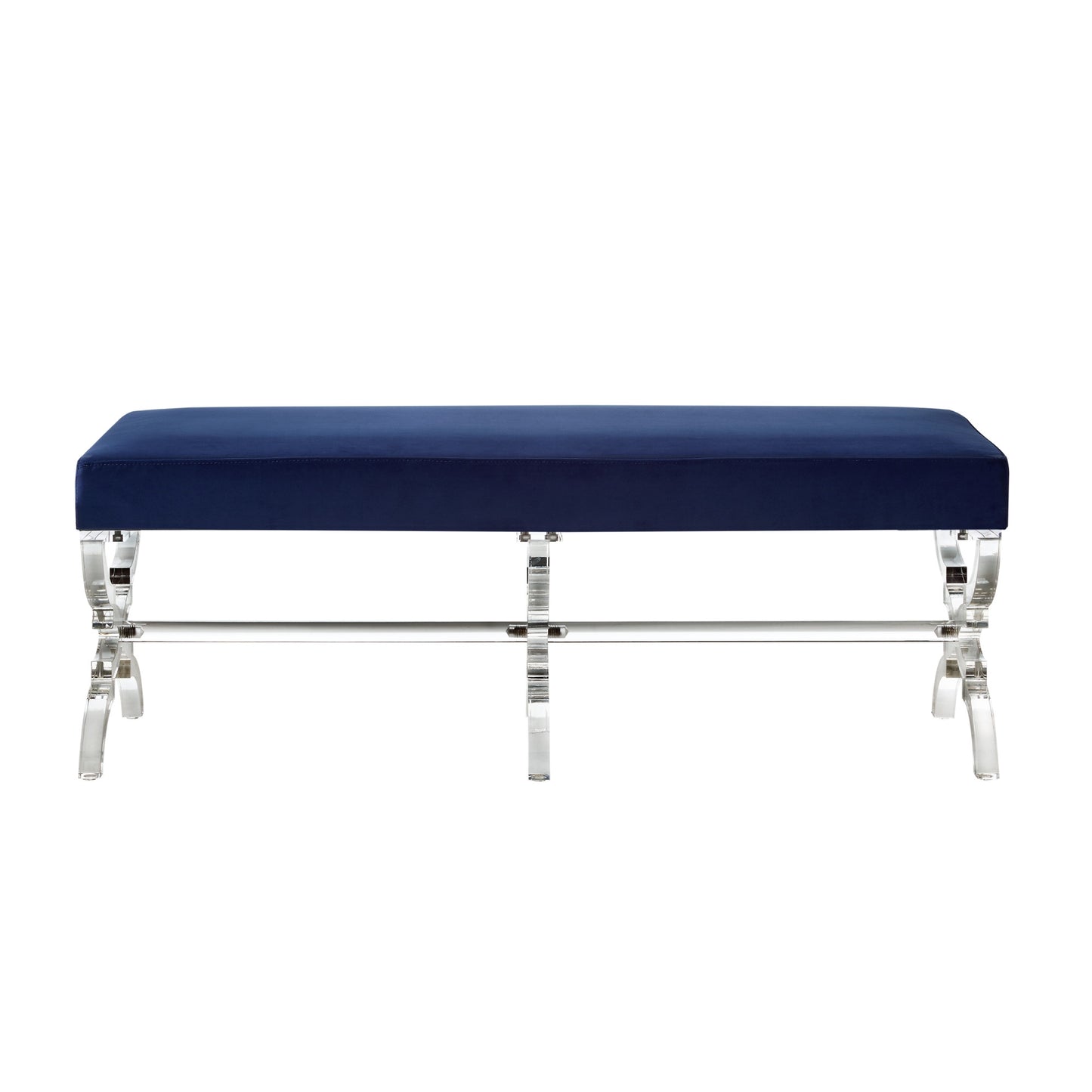 48" Navy Blue And Clear Upholstered Velvet Bench By Homeroots | Benches | Modishstore - 2