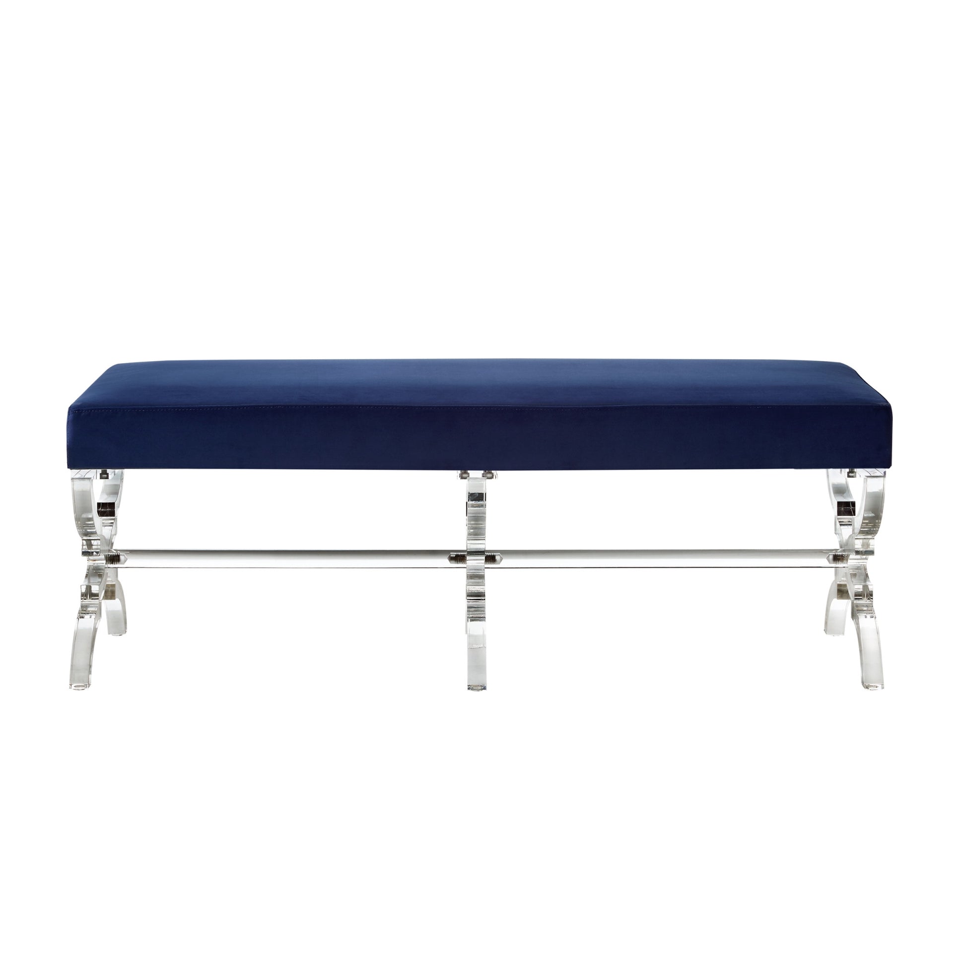 48" Navy Blue And Clear Upholstered Velvet Bench By Homeroots | Benches | Modishstore - 2