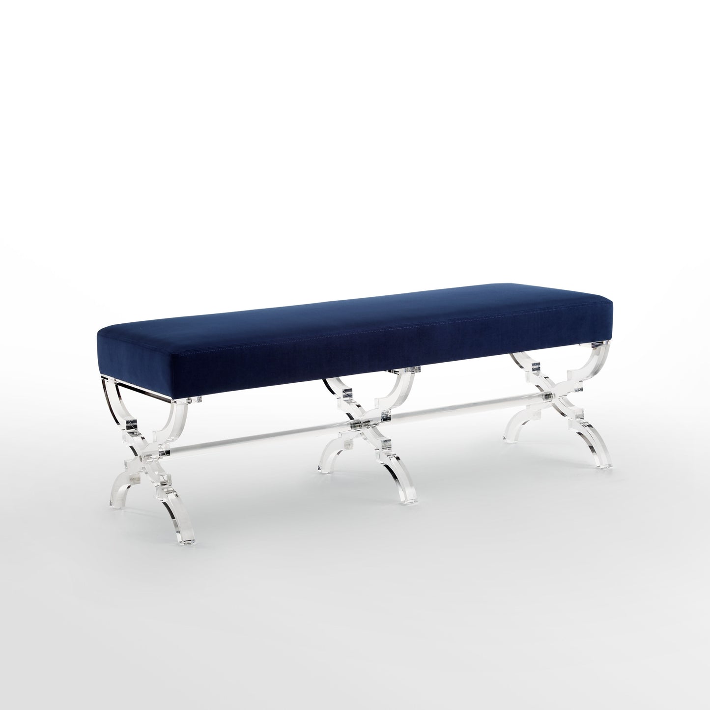48" Navy Blue And Clear Upholstered Velvet Bench By Homeroots | Benches | Modishstore - 3