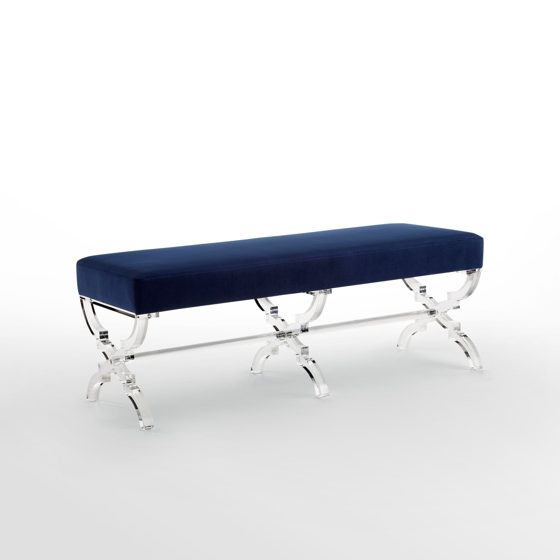 48" Navy Blue And Clear Upholstered Velvet Bench By Homeroots | Benches | Modishstore - 3