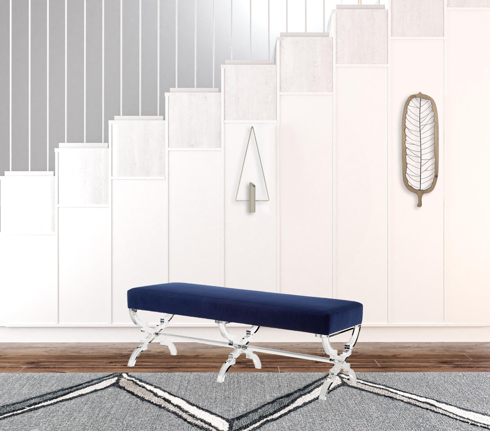 48" Navy Blue And Clear Upholstered Velvet Bench By Homeroots | Benches | Modishstore - 5