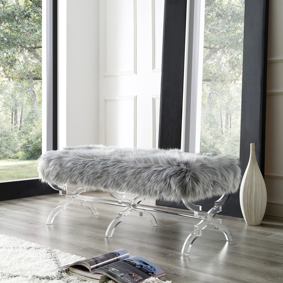 48" Gray And Clear Upholstered Faux Fur Bench By Homeroots | Benches | Modishstore - 8