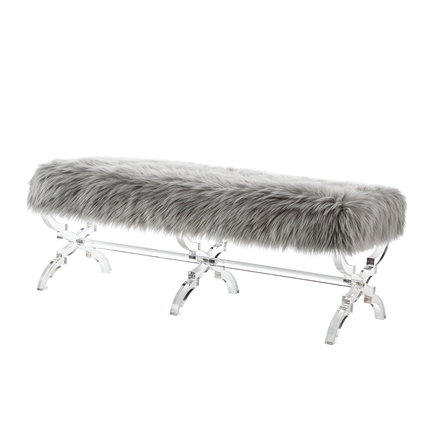 48" Gray And Clear Upholstered Faux Fur Bench By Homeroots | Benches | Modishstore