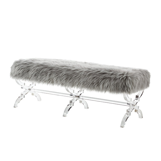 48" Gray And Clear Upholstered Faux Fur Bench By Homeroots
