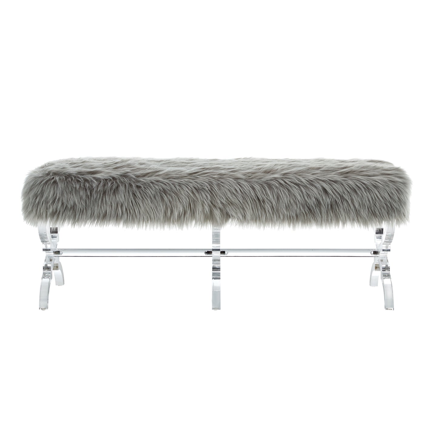 48" Gray And Clear Upholstered Faux Fur Bench By Homeroots | Benches | Modishstore - 2