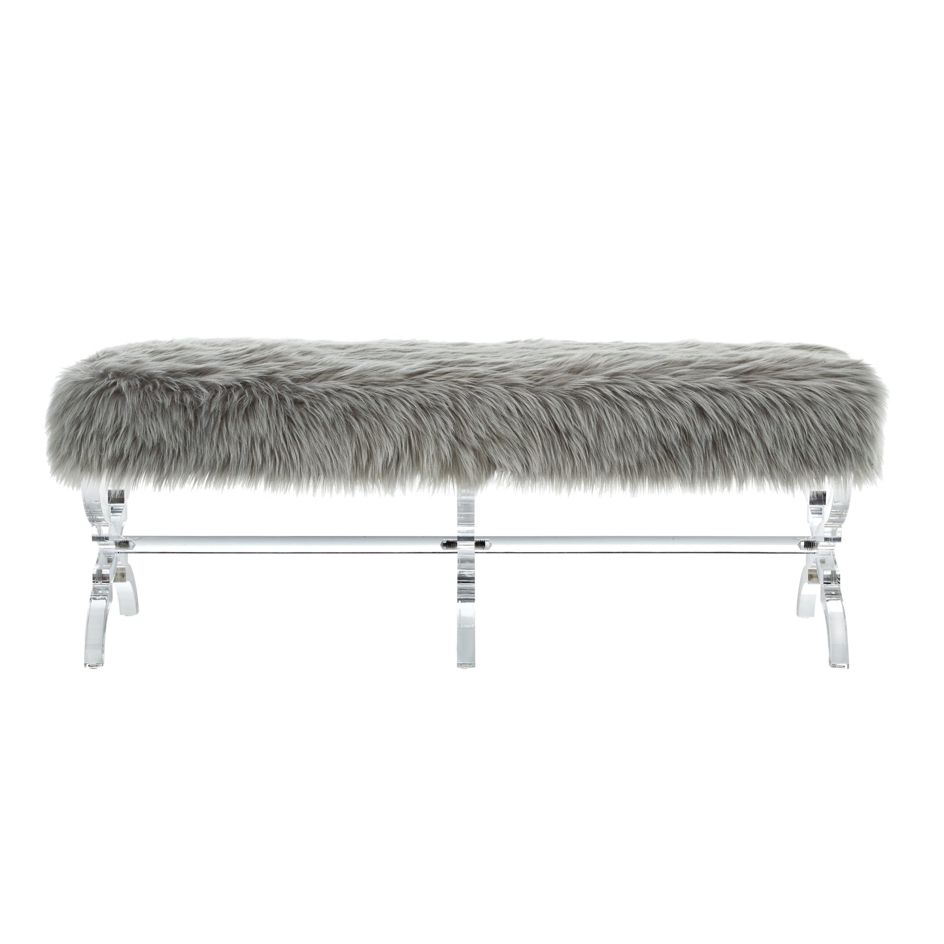 48" Gray And Clear Upholstered Faux Fur Bench By Homeroots | Benches | Modishstore - 2