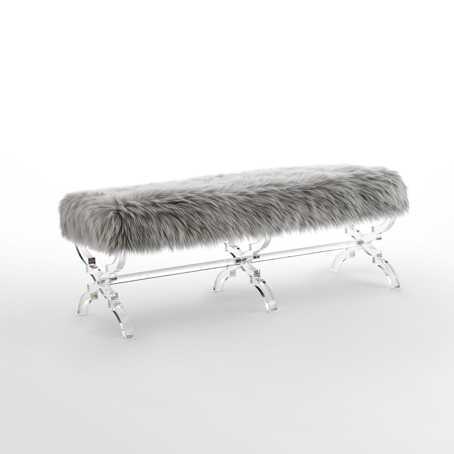 48" Gray And Clear Upholstered Faux Fur Bench By Homeroots | Benches | Modishstore - 3