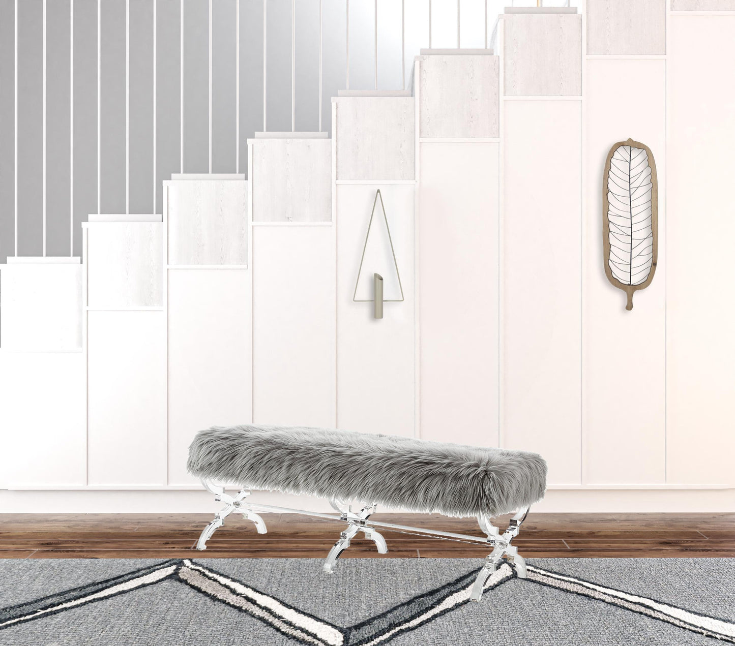 48" Gray And Clear Upholstered Faux Fur Bench By Homeroots | Benches | Modishstore - 6