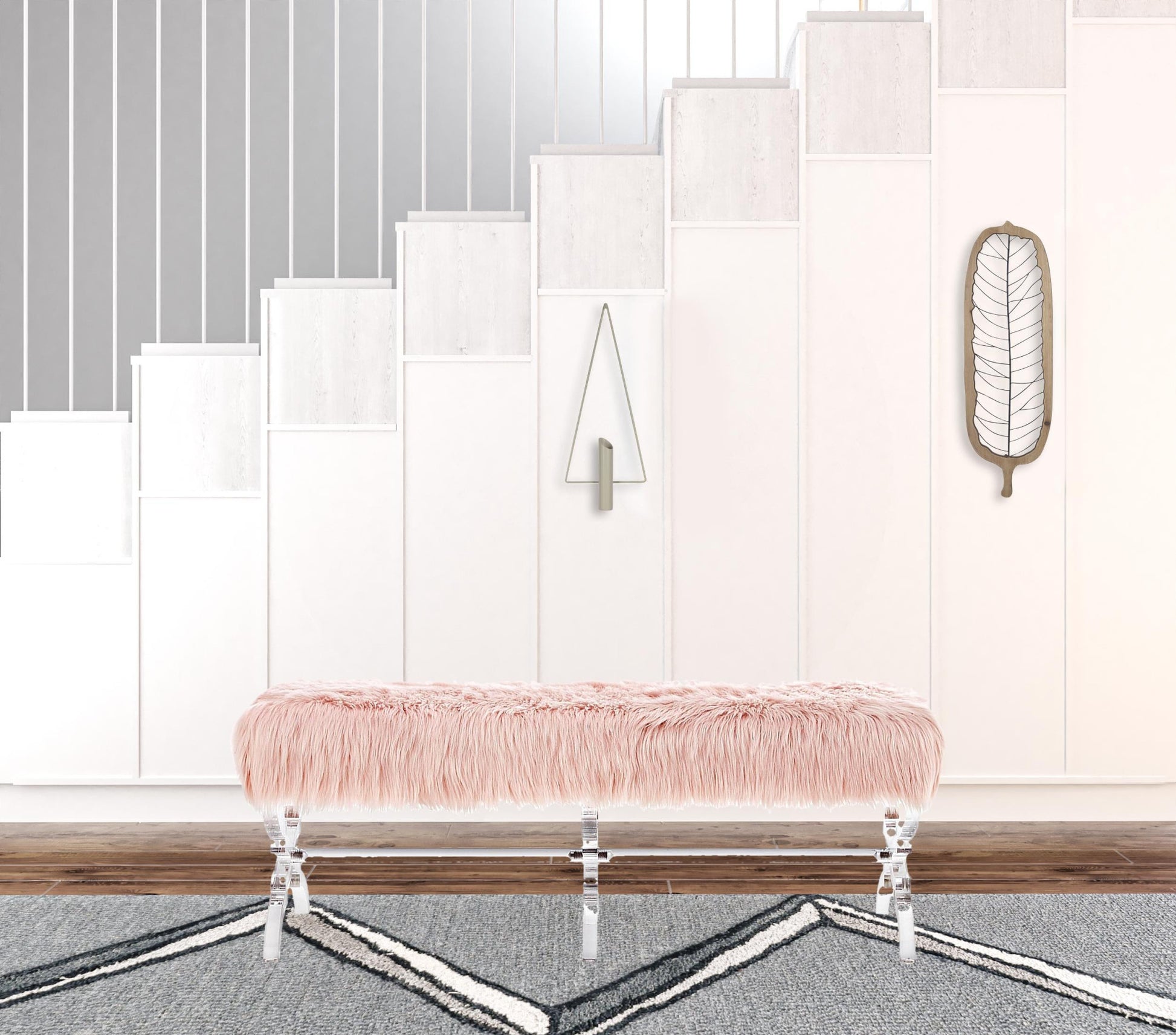 48" Rose And Clear Upholstered Faux Fur Bench By Homeroots | Benches | Modishstore - 4