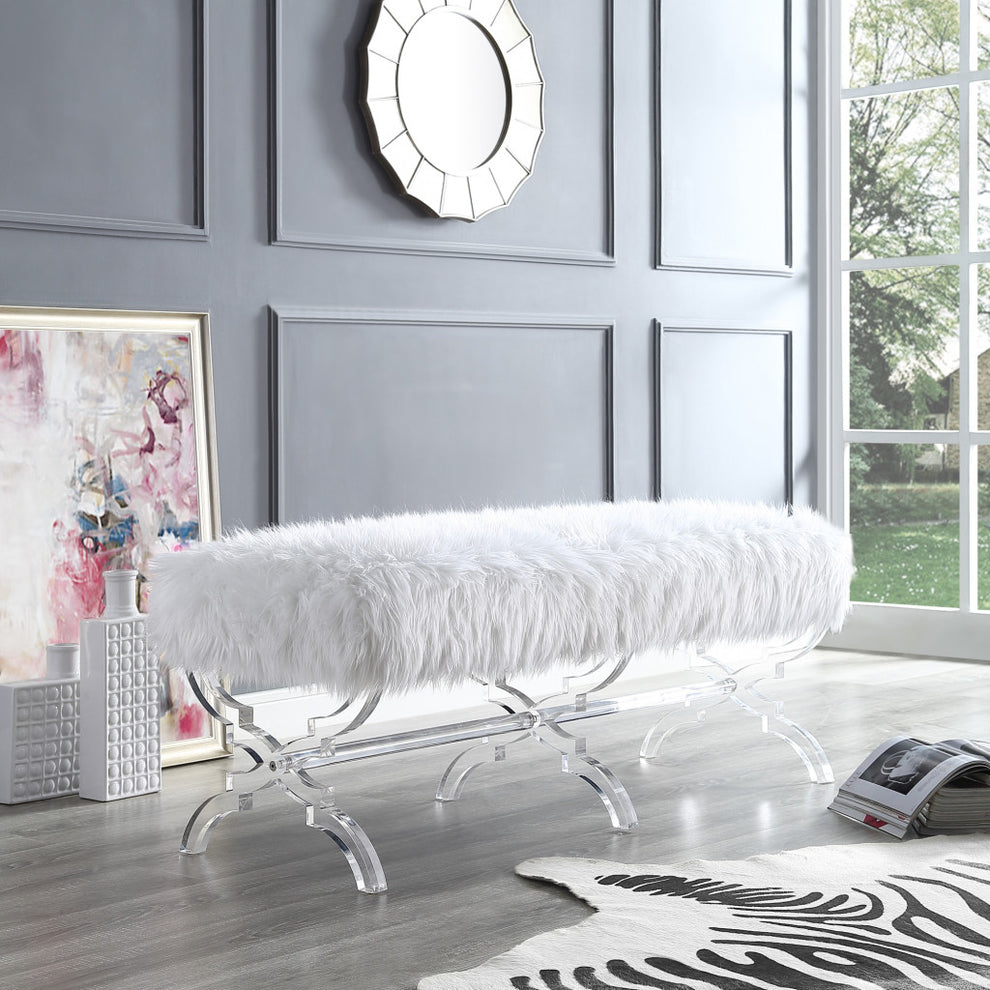48" Cream And Clear Upholstered Faux Fur Bench By Homeroots | Benches | Modishstore - 7