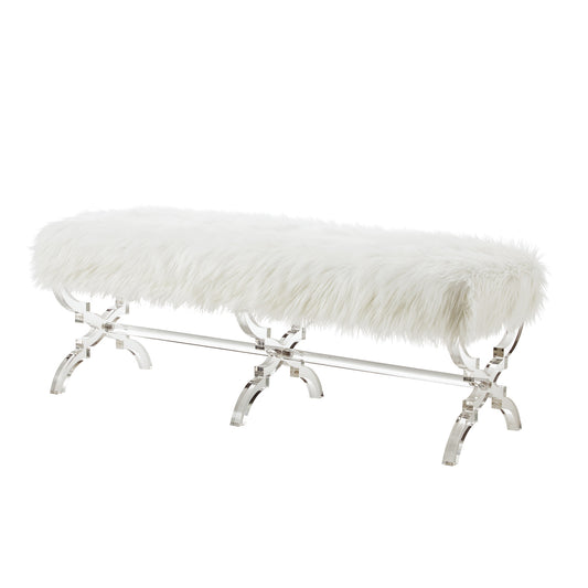 48" Cream And Clear Upholstered Faux Fur Bench By Homeroots