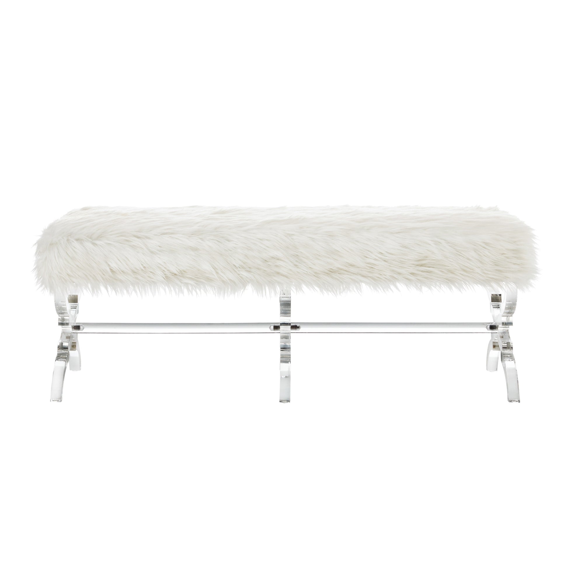 48" Cream And Clear Upholstered Faux Fur Bench By Homeroots | Benches | Modishstore - 2