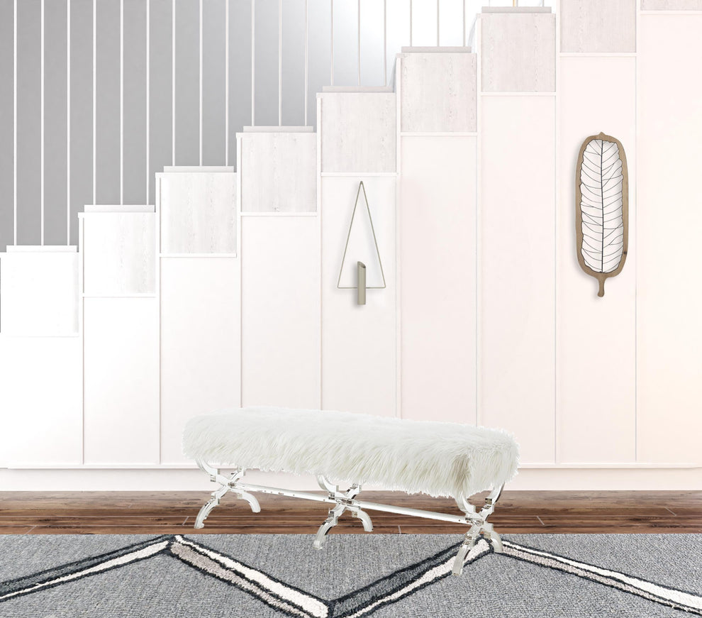 48" Cream And Clear Upholstered Faux Fur Bench By Homeroots | Benches | Modishstore - 5
