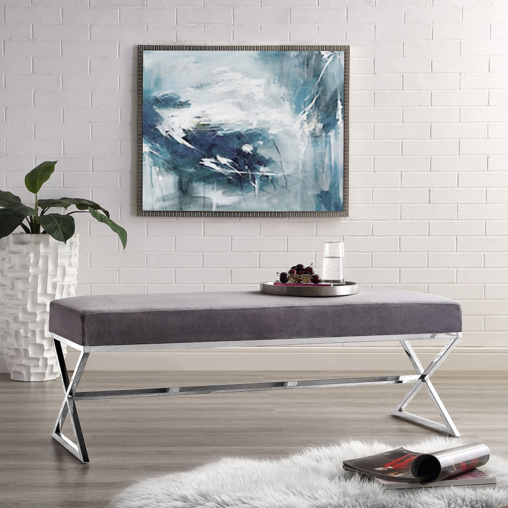 48" Gray And Silver Upholstered Velvet Bench By Homeroots | Benches | Modishstore - 7