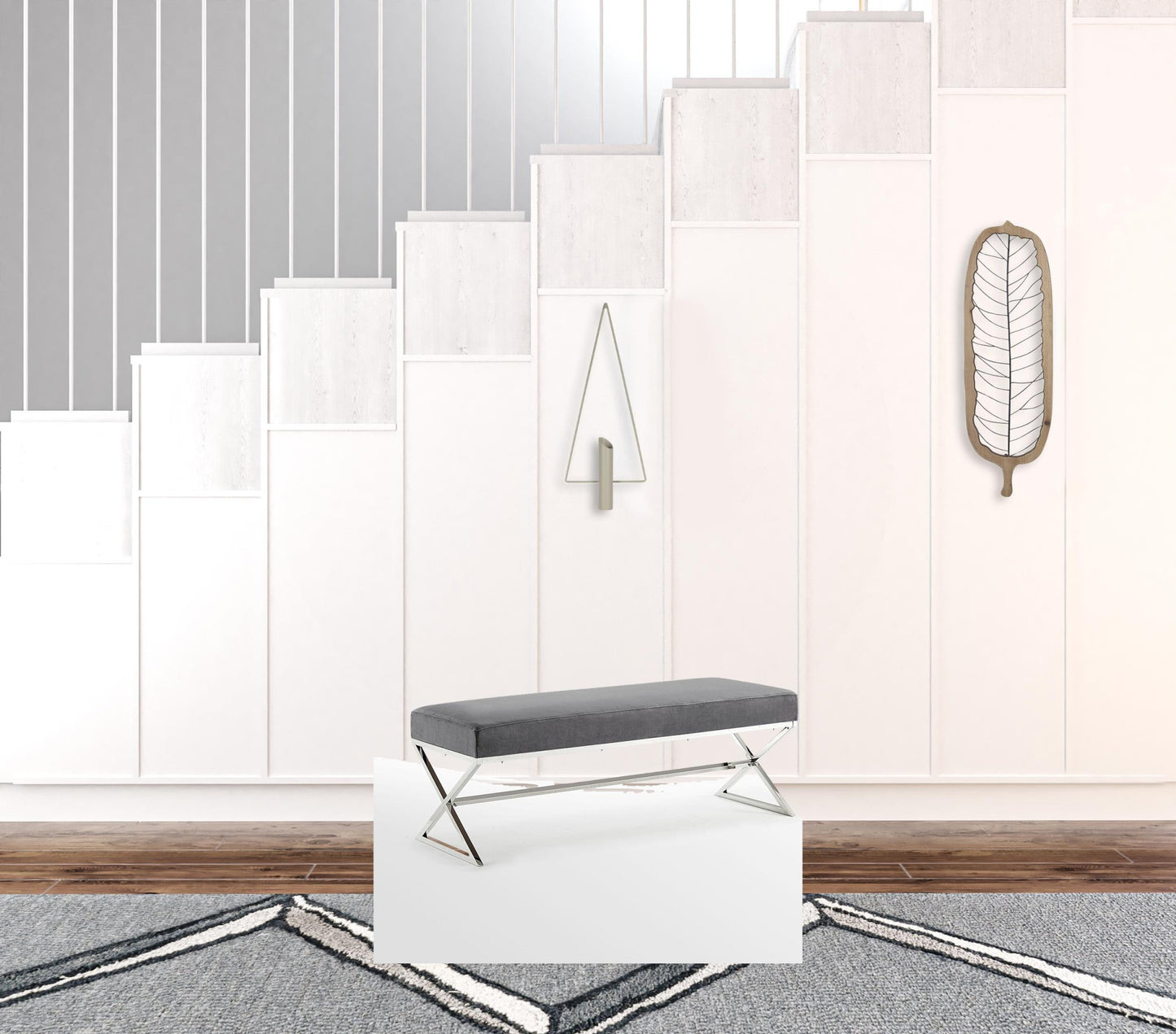 48" Gray And Silver Upholstered Velvet Bench By Homeroots | Benches | Modishstore - 5