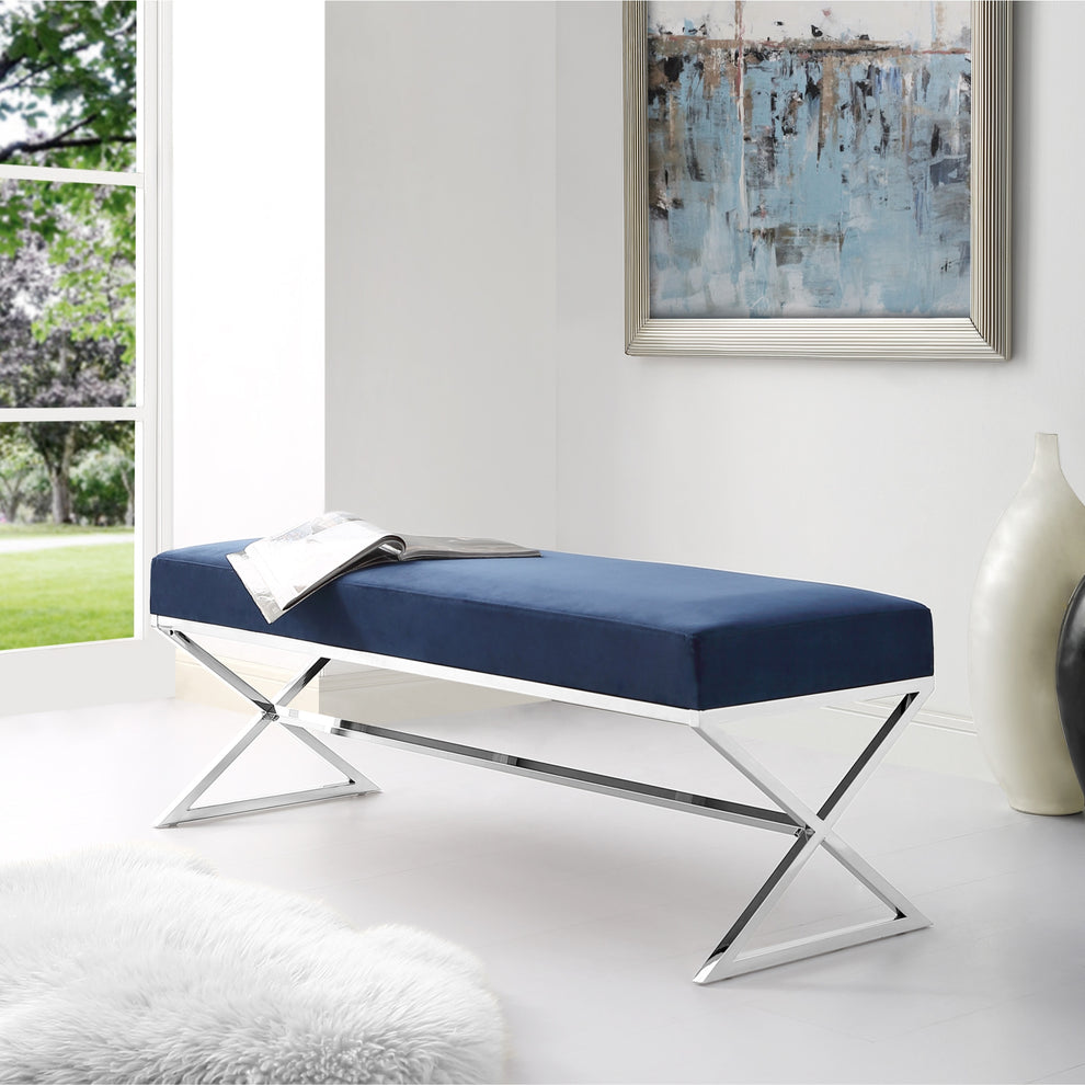 48" Navy Blue And Silver Upholstered Velvet Bench By Homeroots | Benches | Modishstore - 7
