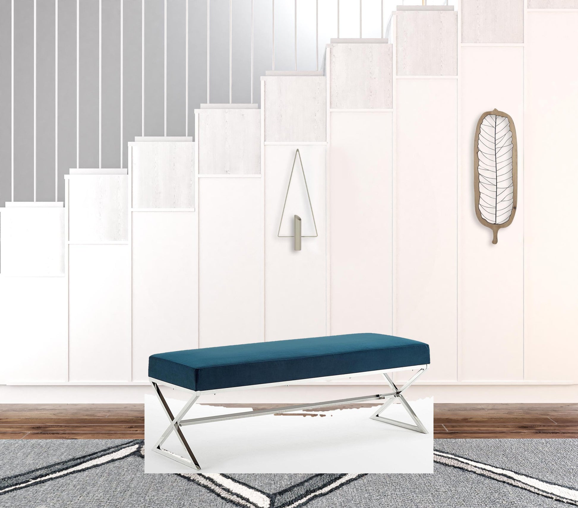 48" Navy Blue And Silver Upholstered Velvet Bench By Homeroots | Benches | Modishstore - 5