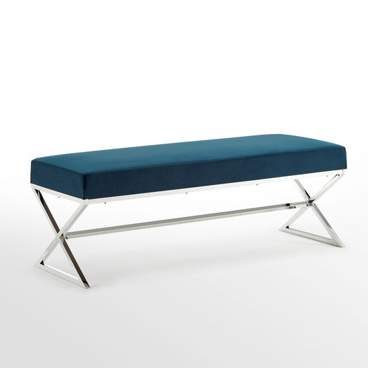 48" Navy Blue And Silver Upholstered Velvet Bench By Homeroots | Benches | Modishstore